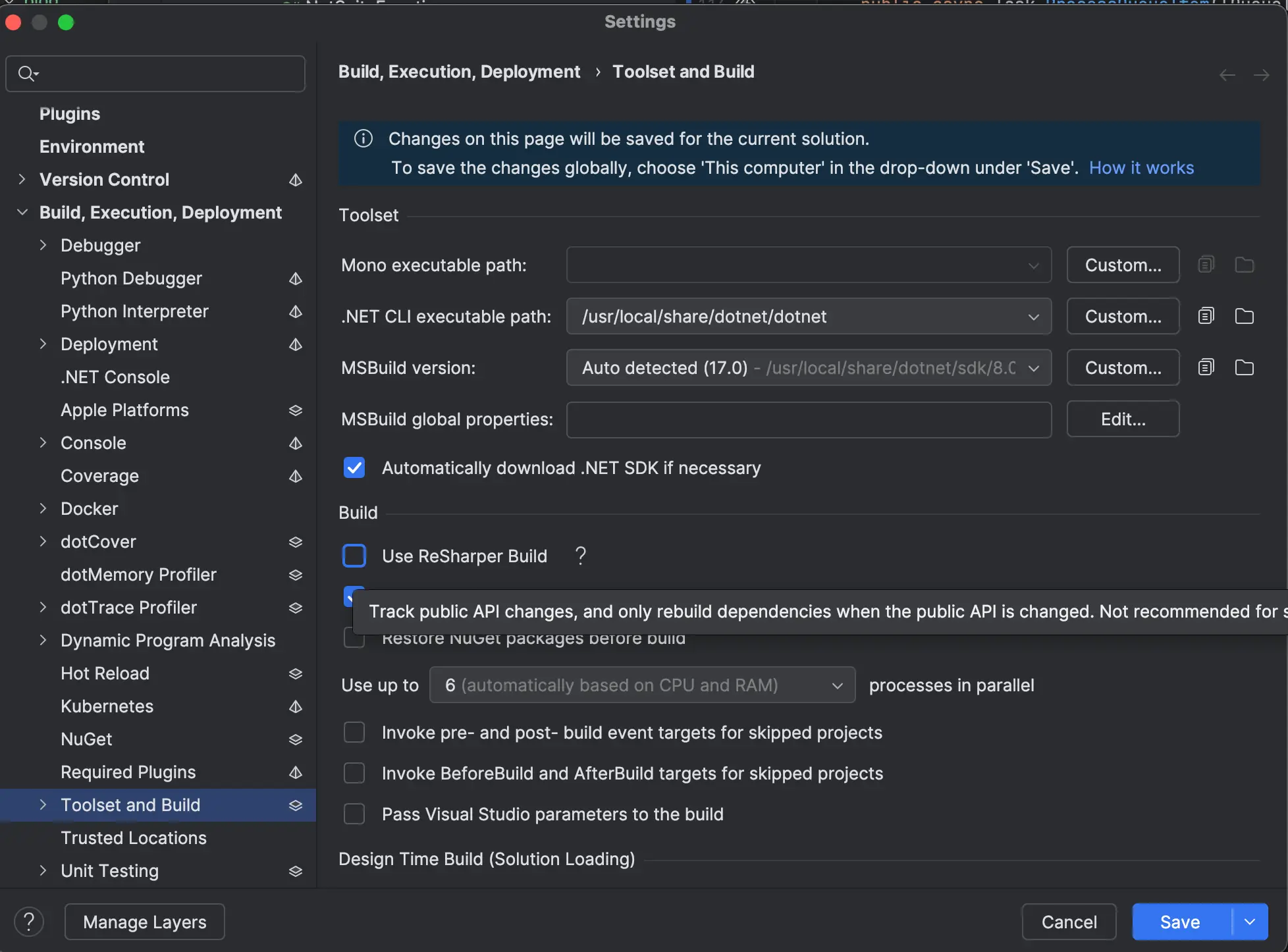 Rider Settings showing the 'Use ReSharper Build' option